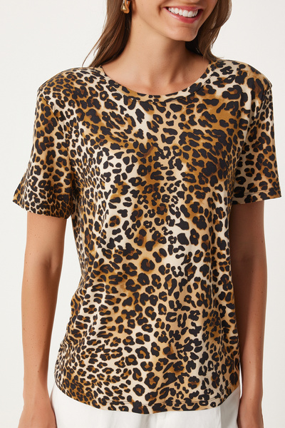 Happiness İstanbul Black Beige Leopard Patterned Padded Viscose Women's Blouse - FN03285