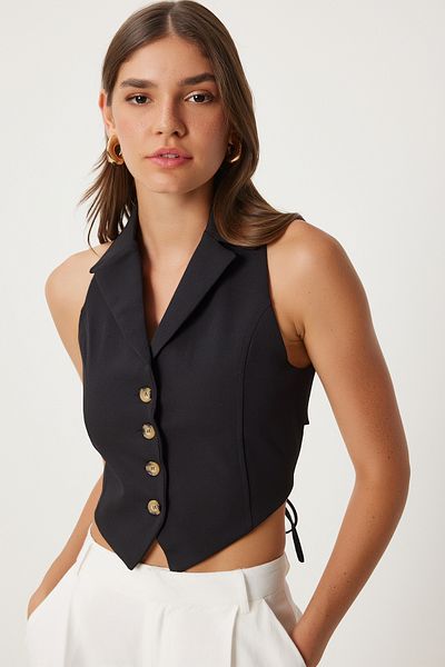 Happiness İstanbul Women's Black Vest with Tie Detail - TO00150