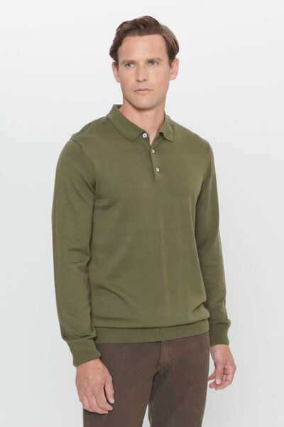 ALTINYILDIZ CLASSICS Erkek Haki Standart Fit Normal Kesim Polo Yaka Pamuklu Triko Kazak