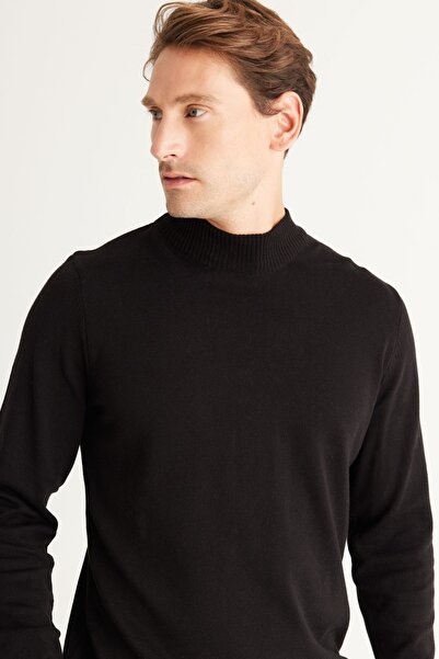 ALTINYILDIZ CLASSICS Black Cotton Knitwear Men's Sweater - Half Turtleneck, Standard Fit