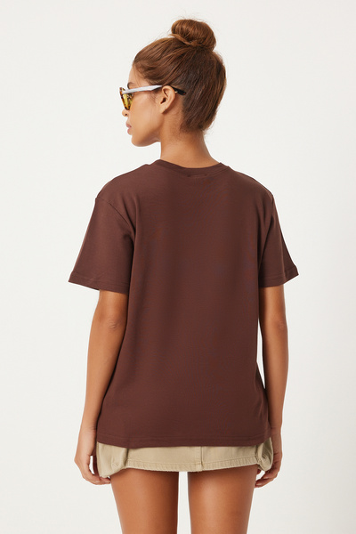 Happiness İstanbul Brown Crew Neck 100% Cotton Women's T-Shirt - FN03265
