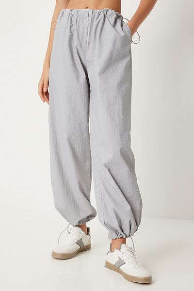Happiness İstanbul Gray Parachute Fabric Women's Baggy Trousers - With Pockets FN03274