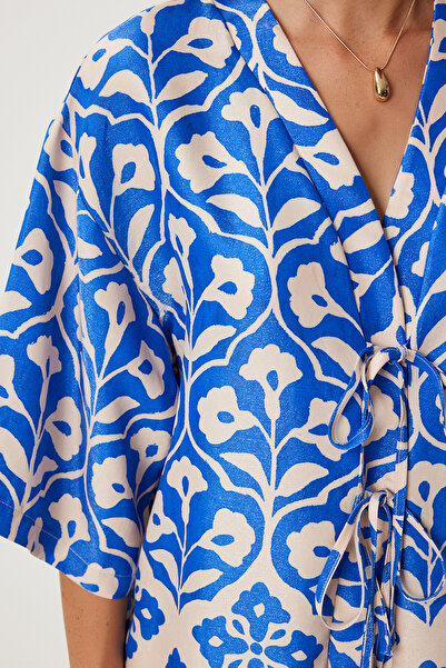 Happiness İstanbul Kék krémszínű viszkóz fűzős Palazzo blúz és öltöny - FN03278