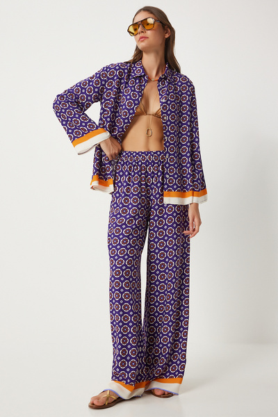 Happiness İstanbul Lila-fehér mintás viszkóz ing és Palazzo nadrág szett - FN03272
