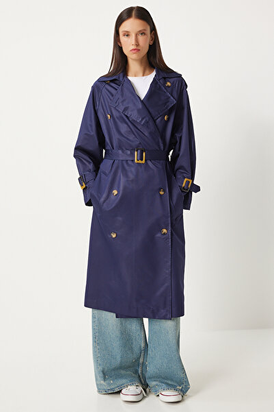 Happiness İstanbul Kadın Lacivert Tokalı Kemerli Mevsimlik Trençkot FN03292