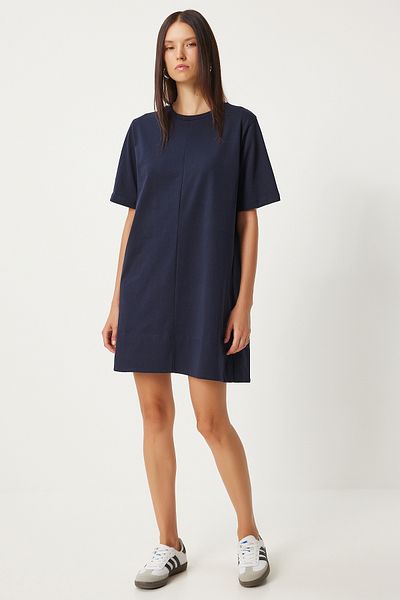 Happiness İstanbul Rochie casual din bumbac pieptănat albastru bleumarin - Decolteu crew BP00166