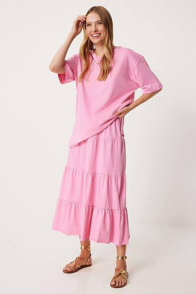 Happiness İstanbul Rosa Set aus übergroßem T-Shirt und Strickrock mit Volant - UB00291