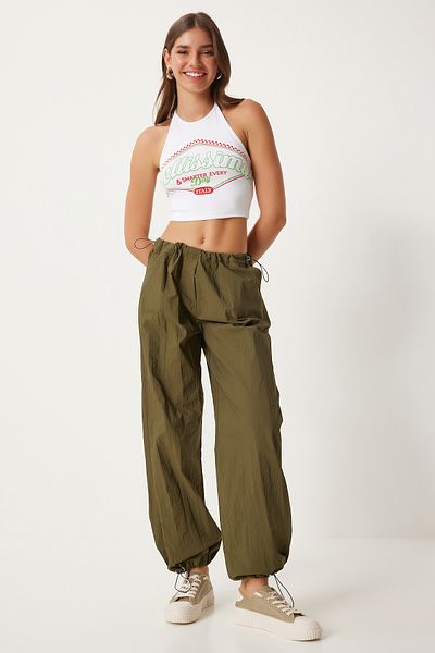 Happiness İstanbul Khakifarbene Shalwar-Hose aus Fallschirmstoff für Damen – mit Taschen, FN03274