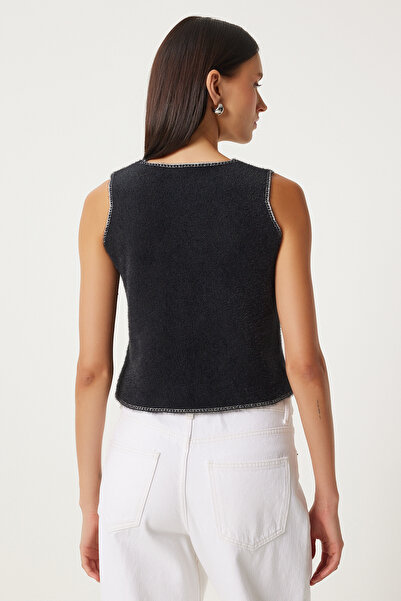 Happiness İstanbul Black V-Neck Bearded Women's Knitwear Vest - YY00219