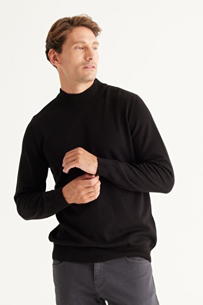 ALTINYILDIZ CLASSICS Black Cotton Knitwear Men's Sweater - Half Turtleneck, Standard Fit