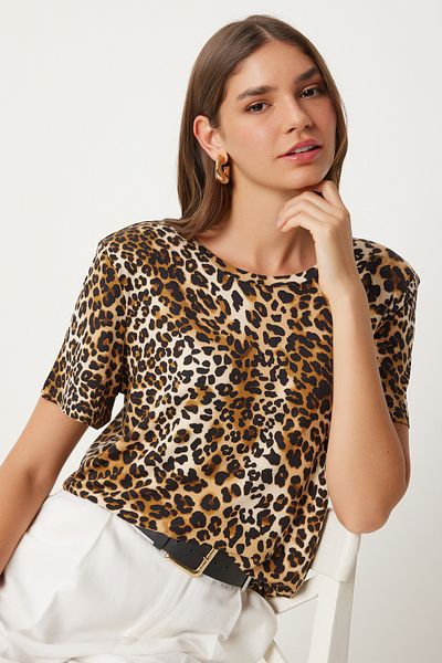 Happiness İstanbul Schwarz-beige wattierte Damenbluse aus Viskose mit Leopardenmuster - FN03285