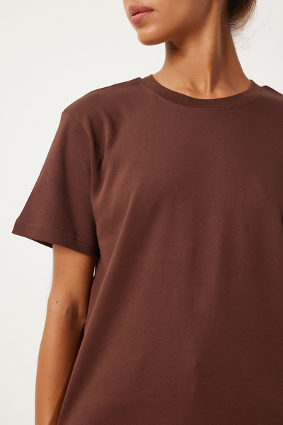 Happiness İstanbul Brown Crew Neck 100% Cotton Women's T-Shirt - FN03265