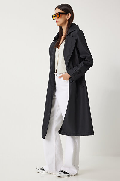 Happiness İstanbul Women's Black Long Trench Coat - Flowing, DD01334