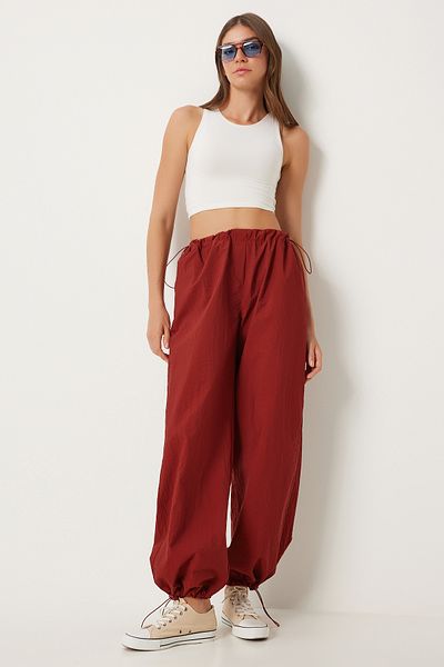 Happiness İstanbul Ziegelfarbene Damen-Fallschirm-Baggy-Hose - mit Taschen FN03274