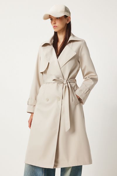 Happiness İstanbul Cream Colored Women's Long Trench Coat - DD01334