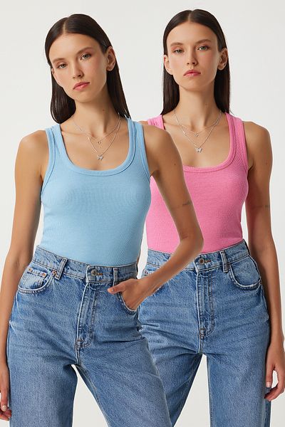 Happiness İstanbul Pink and Blue 2-Piece Ribbed Knitted Undershirt - Thick Strap HJ00010
