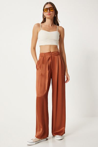 Happiness İstanbul Ziegelfarbene Palazzo-Hose aus Satin für Damen - FN03270