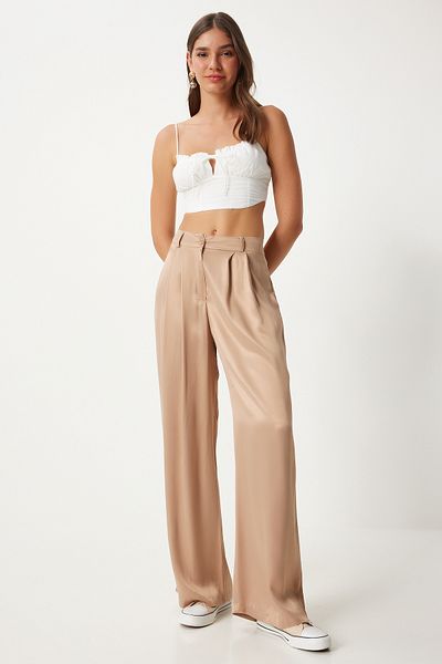 Happiness İstanbul Beige Palazzo-Hose aus Satin - Damen FN03270