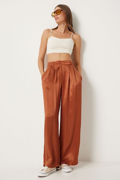 Happiness İstanbul Ziegelfarbene Palazzo-Hose aus Satin für Damen - FN03270