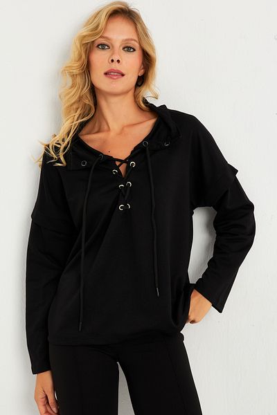 Cool & Sexy Women's Black Eyelet Sweatshirt - Tf04