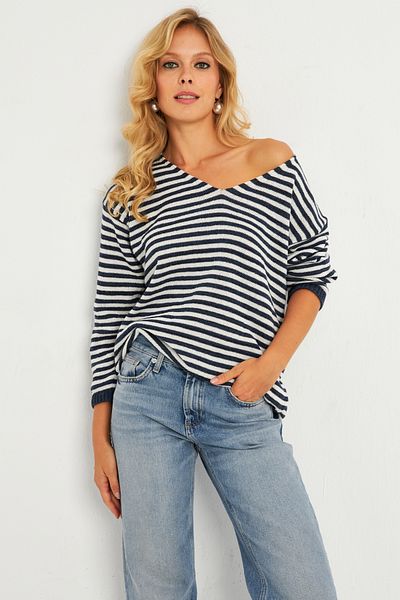 Cool & Sexy Ecru-Granatowa Bluzka Damska Z Dzianiny Z Dekoltem W Serek - Yv283
