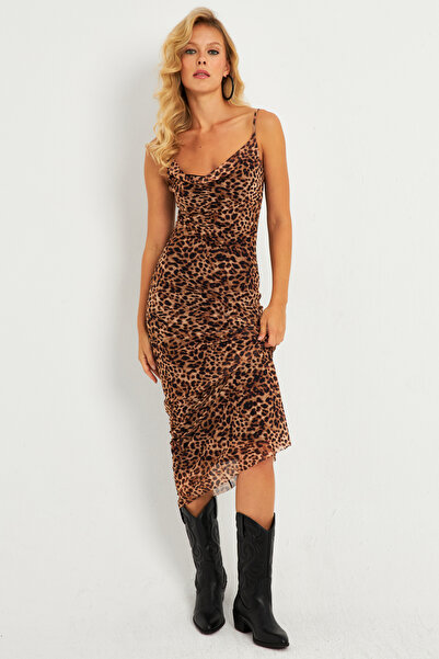 Cool & Sexy Миди коледна дамска рокля Gc180 с подплата с камилско-черен леопард