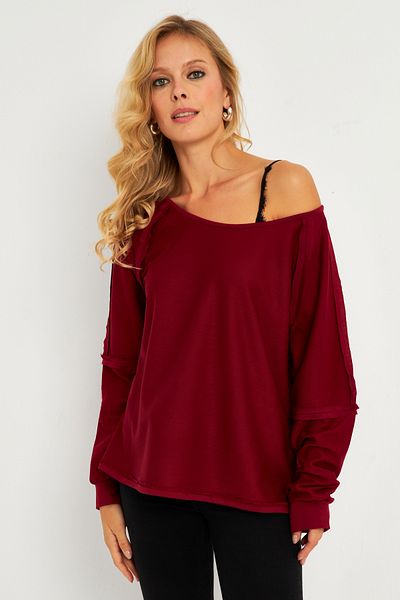 Cool & Sexy Hanorac de damă cu cusătură inversă cu gât barcă bordeaux - TF10