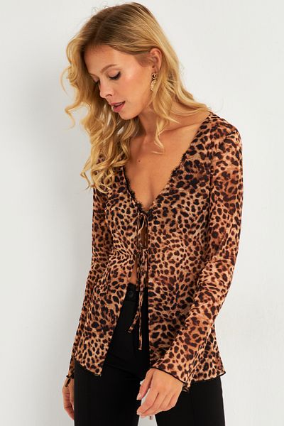 Cool & Sexy Kamel-Schwarze Tüllbluse für Damen mit Leopardenmuster Gç175