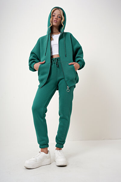 Trend Alaçatı Stili Diózöld női tréningruha szett - kapucnis, kenguru zseb, 3 szálas raszter ALC-X12501