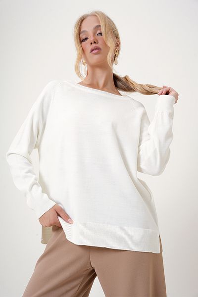 Trend Alaçatı Stili Γυναικεία πλεκτά μπλούζα - Off White, Boat Neck, Slit Detail, FlowY ALC-X12503