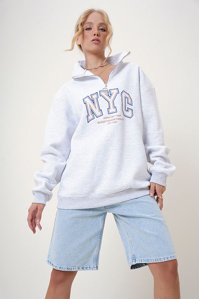 Trend Alaçatı Stili Grimelange Damen Oversize Sweatshirt - Stehkragen, bestickter Reißverschluss, 3-Faden-Raster UniseX ALC-X12502