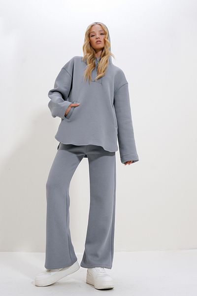 Trend Alaçatı Stili Gray HoodEd ZippErEd Tracksuit SEt - DoublE PockEts, 3 ThrEad Ribbon InsidE ALC-X12500