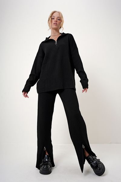 Trend Alaçatı Stili Czarny sweter dzianinowy i spodnie palazzo - Zipper Detailed ALC-X12515