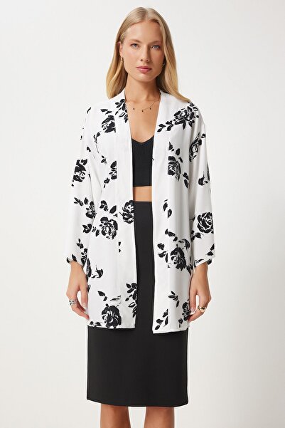 Happiness İstanbul Women's White Patterned Viscose Kimono EN00615