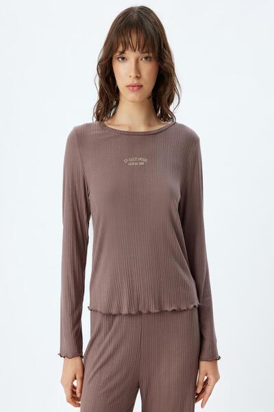 Koton Modal Fabric Long Sleeve Knitted Pajama Top - Crew Neck