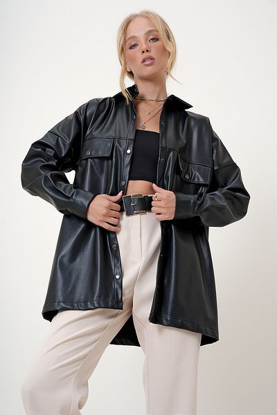 Trend Alaçatı Stili Black FauX Leather Oversize Jacket - Snap Closure, Double Pocket ALC-X12518
