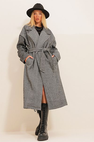 Trend Alaçatı Stili Anthrazitfarbener Stempelmantel - Doppeltaschen und Gürtel, ungefüttert ALC-X12511