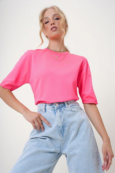 Trend Alaçatı Stili Φούξια πλεκτά μπλούζα με μισό μανίκι - Crew Neck, ALC-X12504
