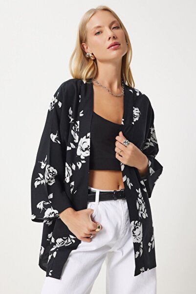Happiness İstanbul Women's Black Patterned Viscose Kimono EN00615