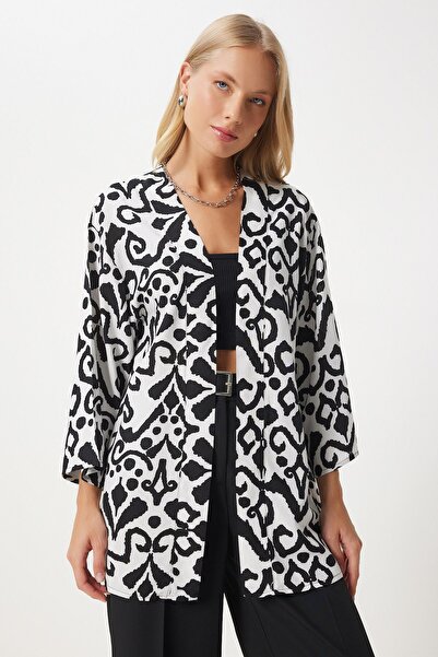 Happiness İstanbul Dámské černo-bílé vzorované viskózové kimono EN00615