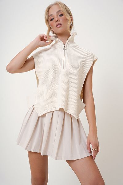Trend Alaçatı Stili Vanilla Knitwear Sweater - Stand Collar and Zipper ALC-X12506