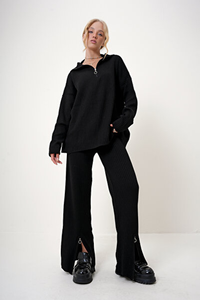 Trend Alaçatı Stili Fekete kötöttáru pulóver és Palazzo nadrág szett - cipzár részletes ALC-X12515