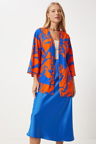 Happiness İstanbul Γυναικείο κιμονό βισκόζης με μπλε πορτοκαλί σχέδιο EN00615