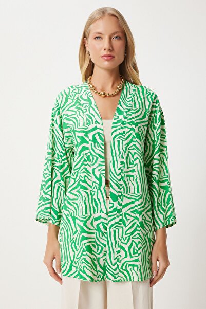 Happiness İstanbul Γυναικείο κιμονό βισκόζης με μοτίβο πράσινου κόκαλου EN00615