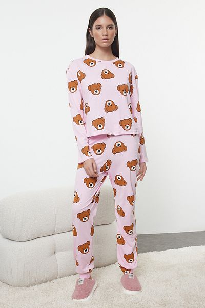 Trendyol Collection Růžový 100% bavlněný medvídek Pletené pyžamo Thmaw23Pt00514