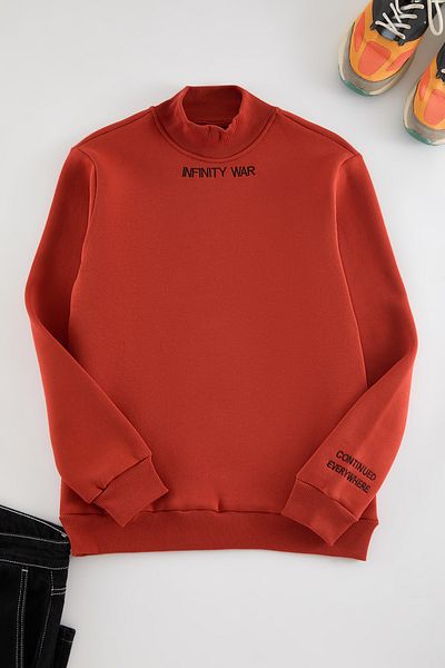 Trendyol Collection Rollkragenpullover in Ziegelrot mit Stickerei - Fleece, Normalschnitt Tmnaw22sw0718