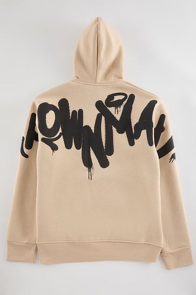 Trendyol Collection Μπεζ φούτερ Fleece με κουκούλα - Εκτύπωση κειμένου στην πλάτη, κανονική εφαρμογή TMNAW25SW00193