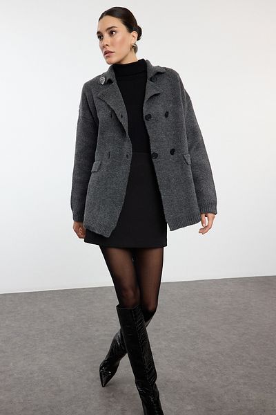 Trendyol Collection Soft Textured Anthracite Midi Knitwear Cardigan - Coat Look Twoaw25Hi00191