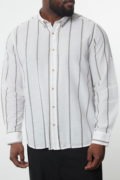 Trendyol Collection Plus Size Pinstripe Khaki Shirt - Button Collar TMNSS24AX00013