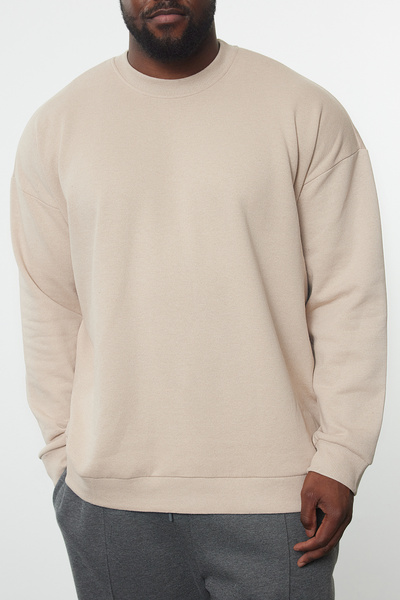 Trendyol Collection Nagy méretű bézs polár pulóver - nyakú, hátul nyomott, széles szabású TMNAW24AO00004